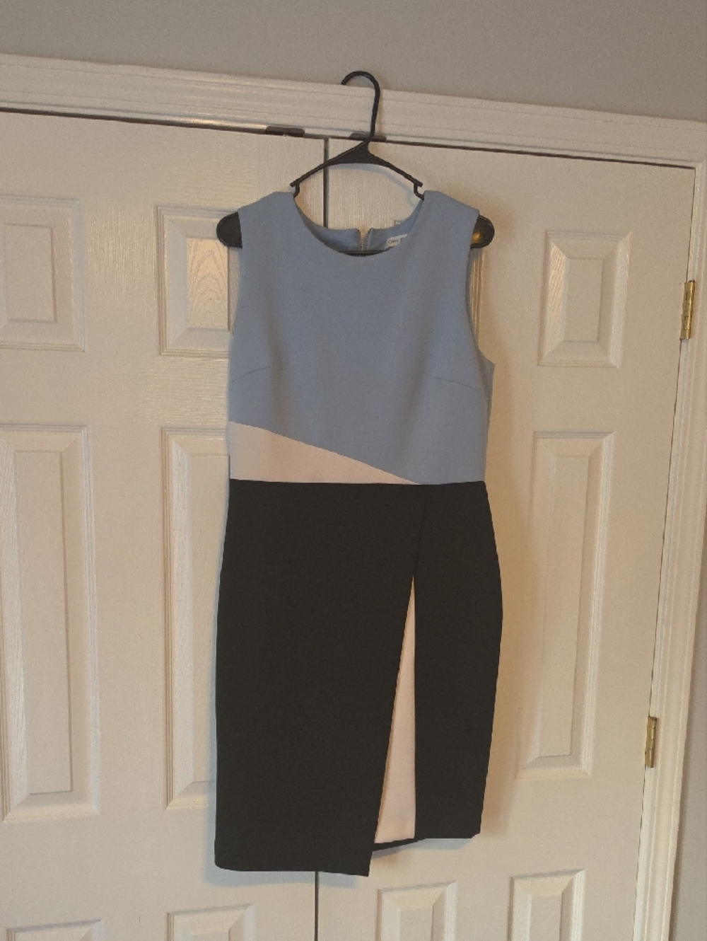 Calvin Klein Sleeveless Colorblock Midi Dress in Light Blue, Black & Cream